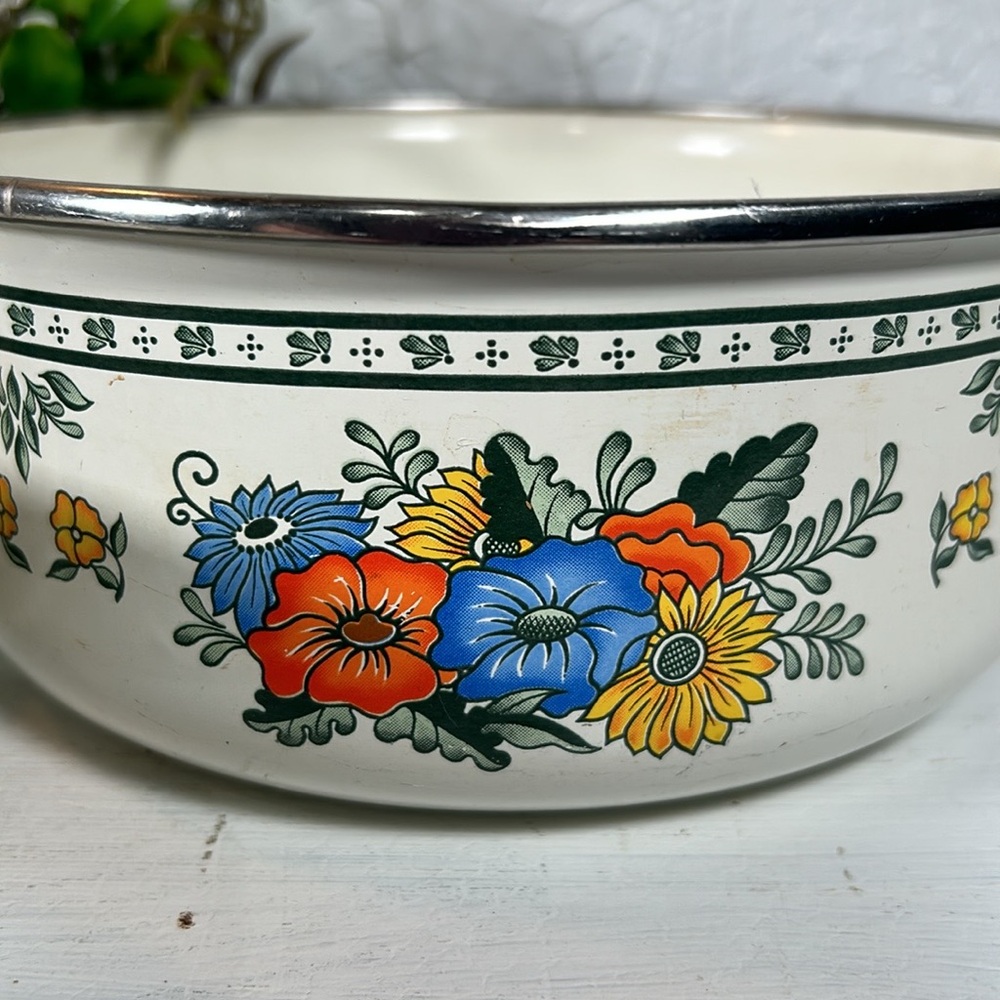 VTG Enamelware Old Amsterdam Floral & Leaf Mixing Nesting Stackable 3 Bowls - Picture 5 of 15